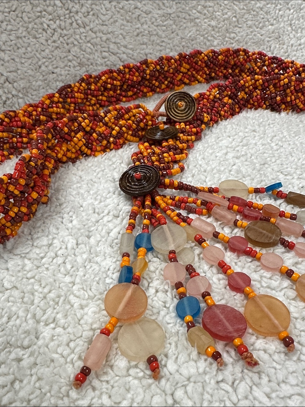 Heavy Braided Strands of Intricate Orange / Rust Ceramic Beads, Boho Like New!